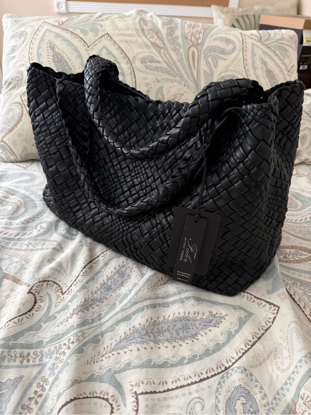 Black Woven Leather Shoulder Bag - Women